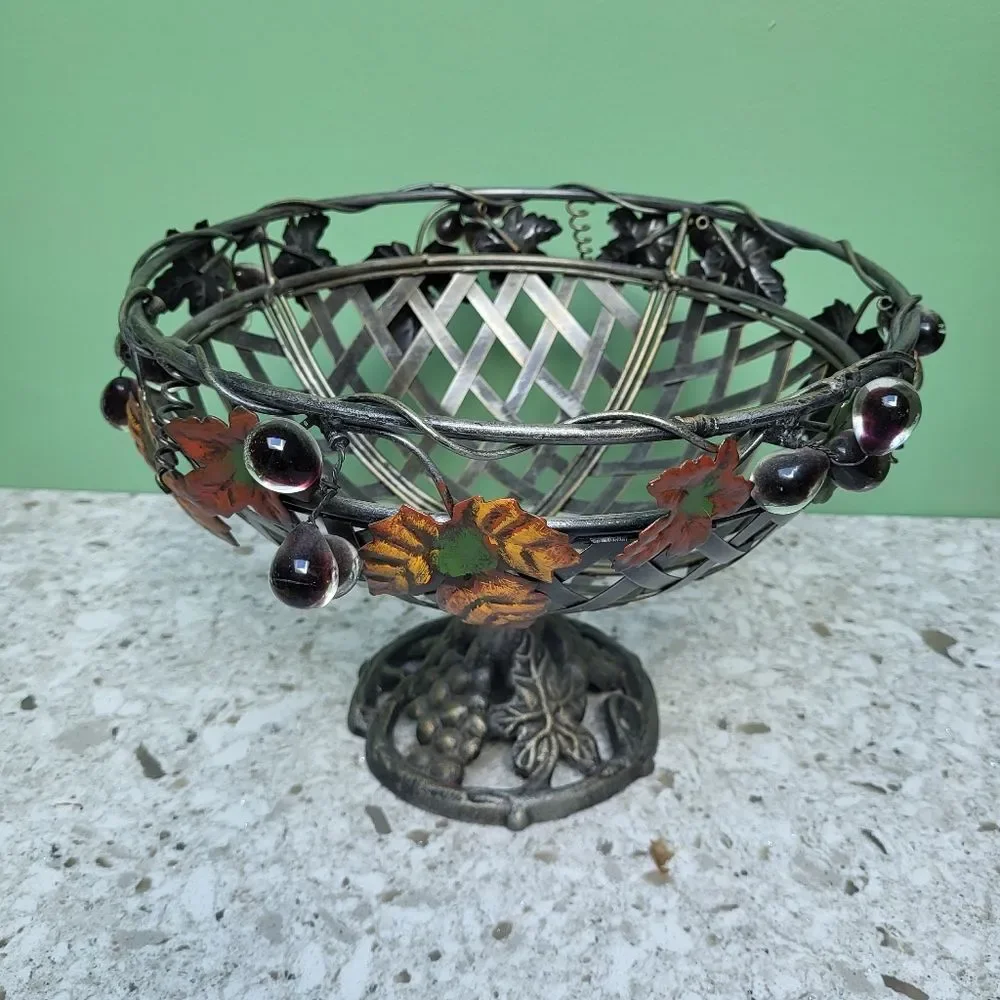 Heavy 12 Inch Steel / Iron Fruit Bowl / Tuscany / Vineyard